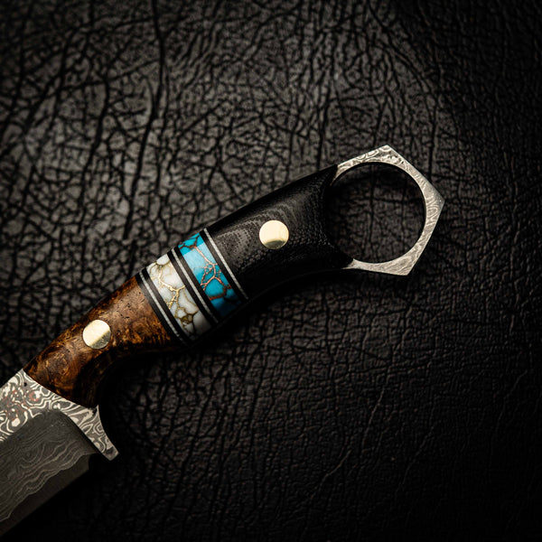 Damascus Mini Hunter – Amboyna Burl, Double Trustone & Black G10
