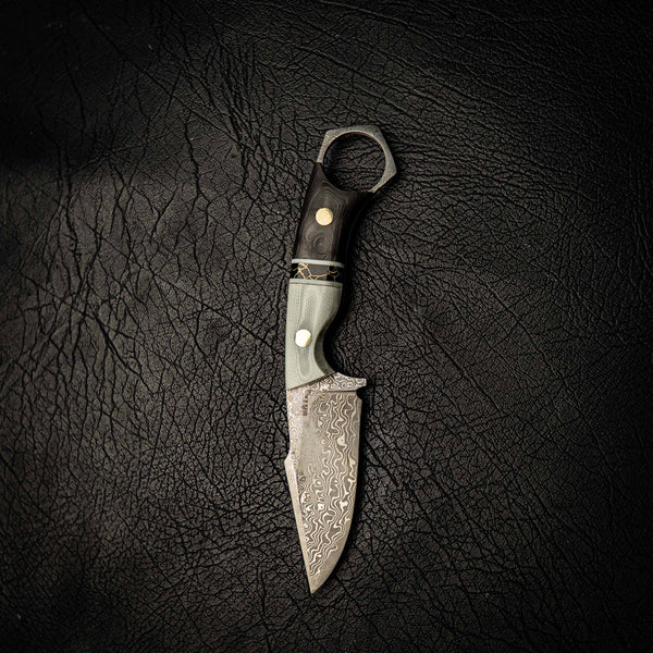 Damascus Mini Hunter – Ivory G10, TruStone & Marbled Carbon Fiber