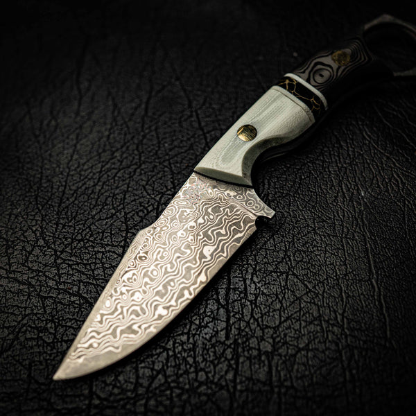 Damascus Mini Hunter – Ivory G10, TruStone & Marbled Carbon Fiber
