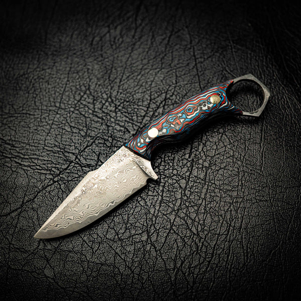 Damascus Mini Hunter – Carbon Fiber Damascus Pattern (Red & Blue)