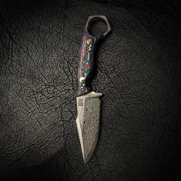 Damascus Mini Hunter – Carbon Fiber Damascus Pattern (Red & Blue)