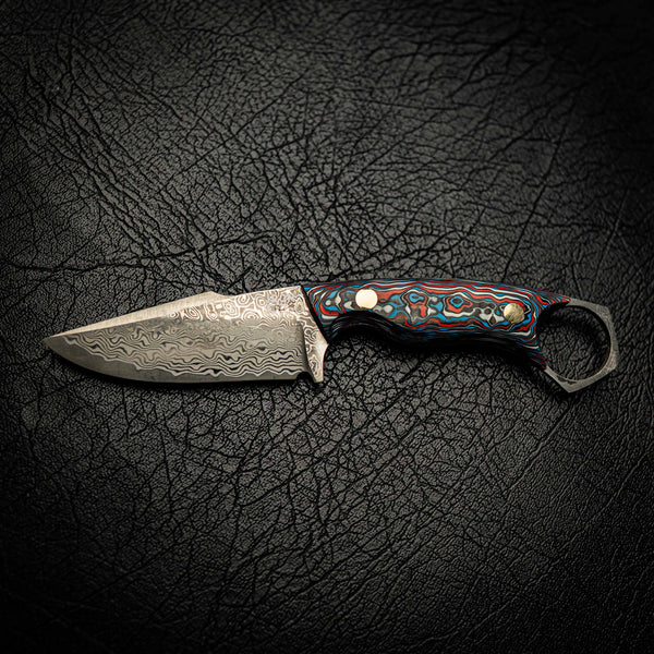 Damascus Mini Hunter – Carbon Fiber Damascus Pattern (Red & Blue)