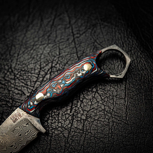 Damascus Mini Hunter – Carbon Fiber Damascus Pattern (Red & Blue)