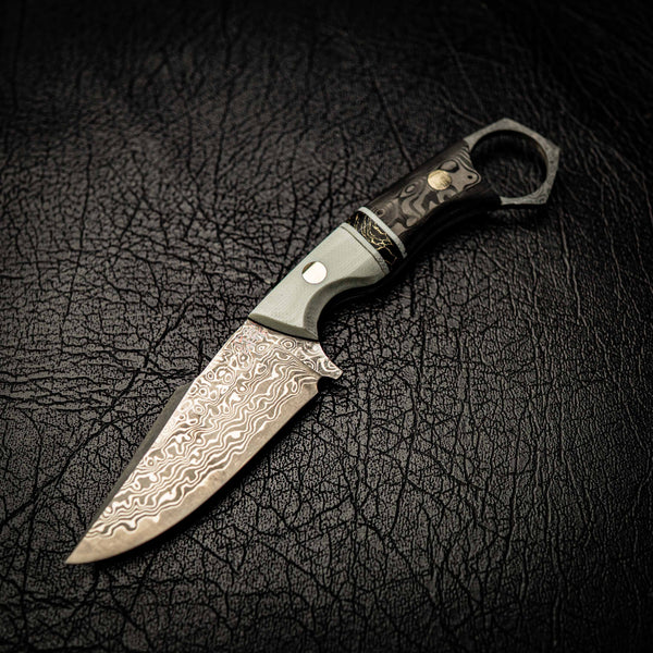Damascus Mini Hunter – Ivory G10, TruStone & Marbled Carbon Fiber