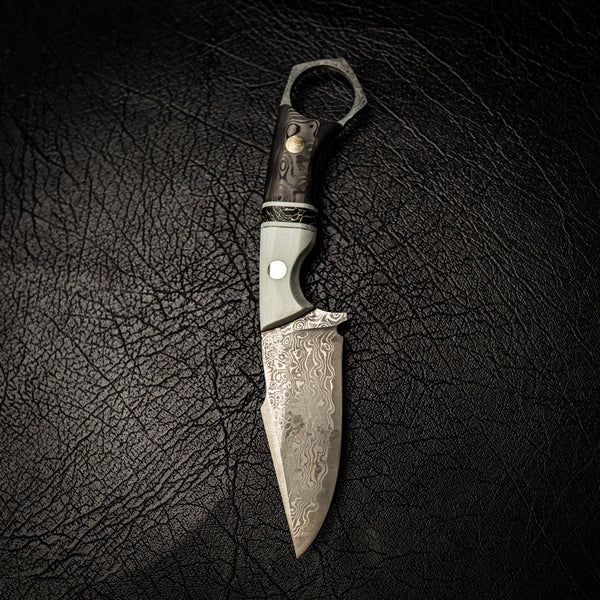 Damascus Mini Hunter – Ivory G10, TruStone & Marbled Carbon Fiber