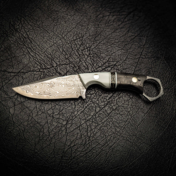 Damascus Mini Hunter – Ivory G10, TruStone & Marbled Carbon Fiber