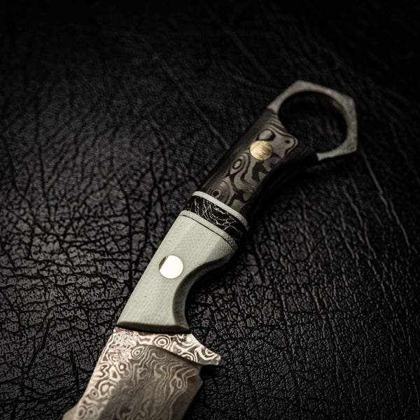 Damascus Mini Hunter – Ivory G10, TruStone & Marbled Carbon Fiber