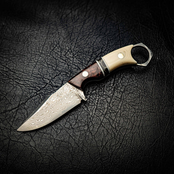 Damascus Mini Hunter – Honduran Rosewood, TruStone & Ivory Linen Micarta