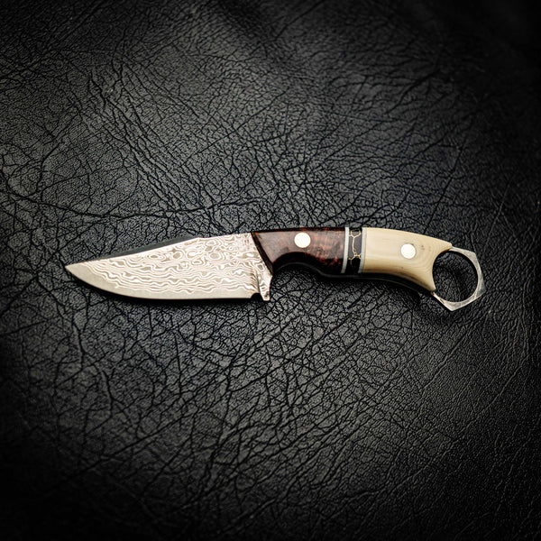 Damascus Mini Hunter – Honduran Rosewood, TruStone & Ivory Linen Micarta