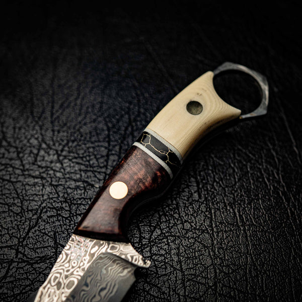 Damascus Mini Hunter – Honduran Rosewood, TruStone & Ivory Linen Micarta