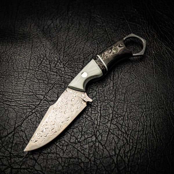 Damascus Mini Hunter – Ivory G10, TruStone & Marbled Carbon Fiber