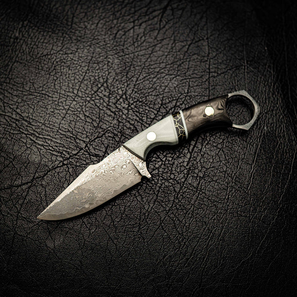 Damascus Mini Hunter – Ivory G10, TruStone & Marbled Carbon Fiber