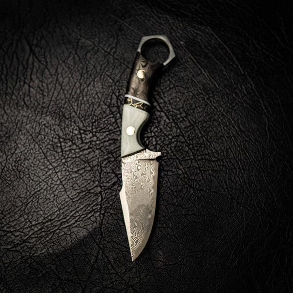 Damascus Mini Hunter – Ivory G10, TruStone & Marbled Carbon Fiber