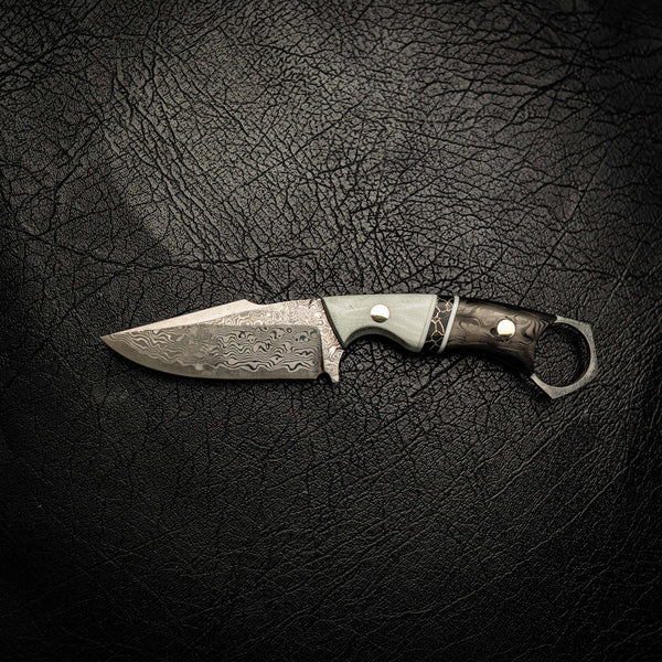 Damascus Mini Hunter – Ivory G10, TruStone & Marbled Carbon Fiber