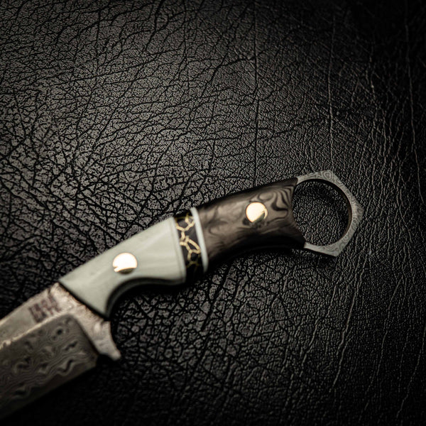 Damascus Mini Hunter – Ivory G10, TruStone & Marbled Carbon Fiber